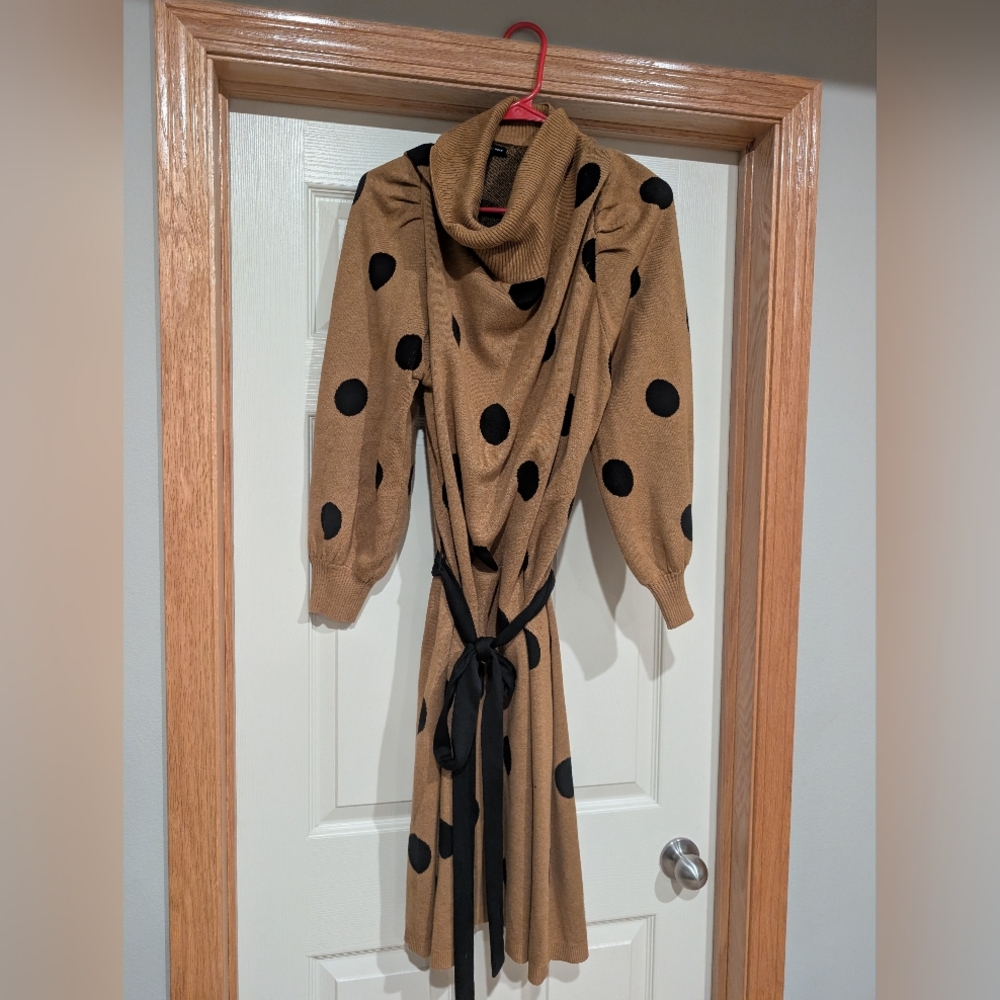 Who What Wear Camel and Black Polka Dot Sweater Dress